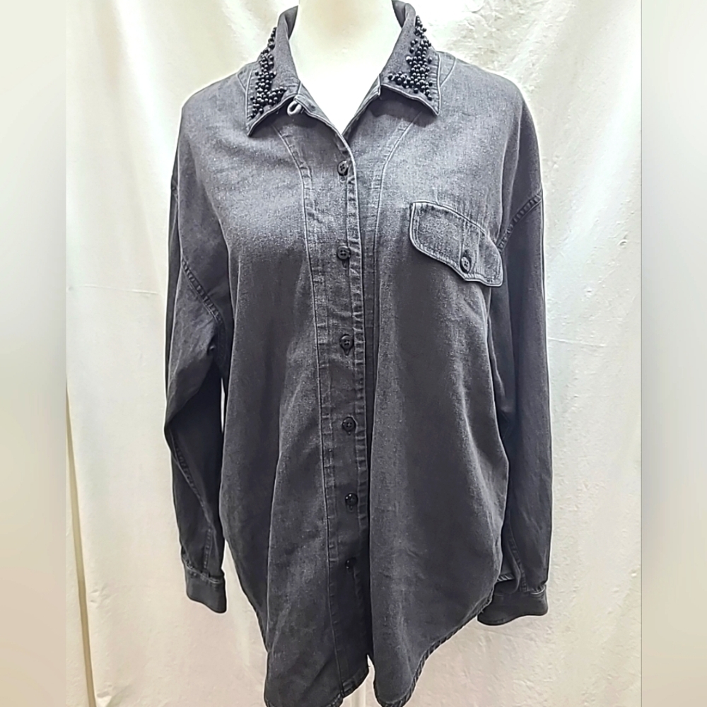 First Issue American Design Black Denim Women's Shirt Sz M Beaded Collar Vintage